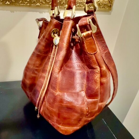 Bally Vintage Embossed Crocodile Chestnut Tan Leather Drawstring Bucket Handbag - Picture 3 of 16